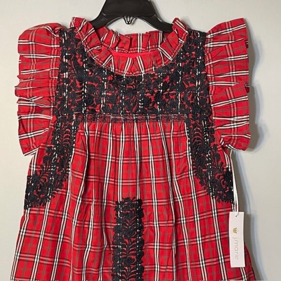 J. Marie Ruffle Neck Plaid Embroidered Tiered Mini Dress Red & Black NWT XS - Picture 3 of 10
